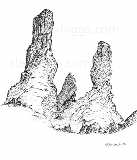 Black ink sketch of natural rock outcrops