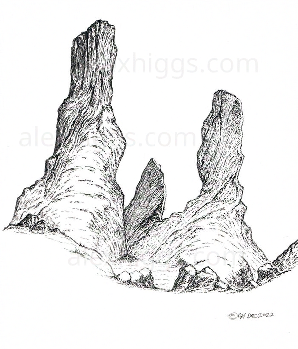 Black ink sketch of natural rock outcrops