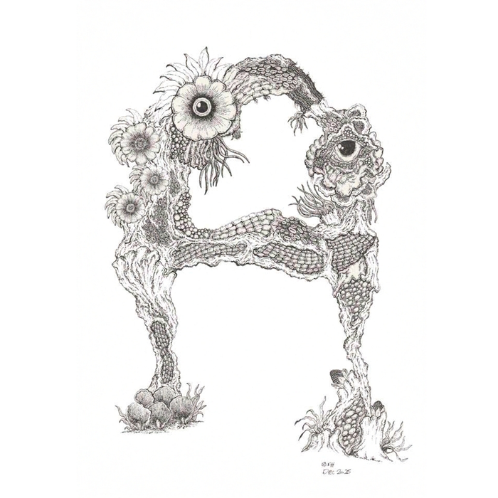 Artistic black and white illustration of the letter "A" with floral and geometric patterns.