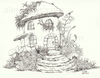 Ink sketch of a magical fairy house shaped like a mushroom