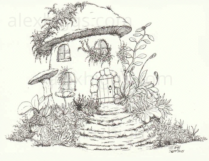 Ink sketch of a magical fairy house shaped like a mushroom