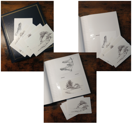 Collage of still images showing the prints being put into a postcard album.