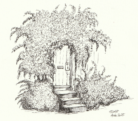 Illustration of a wooden door surrounded by foliage